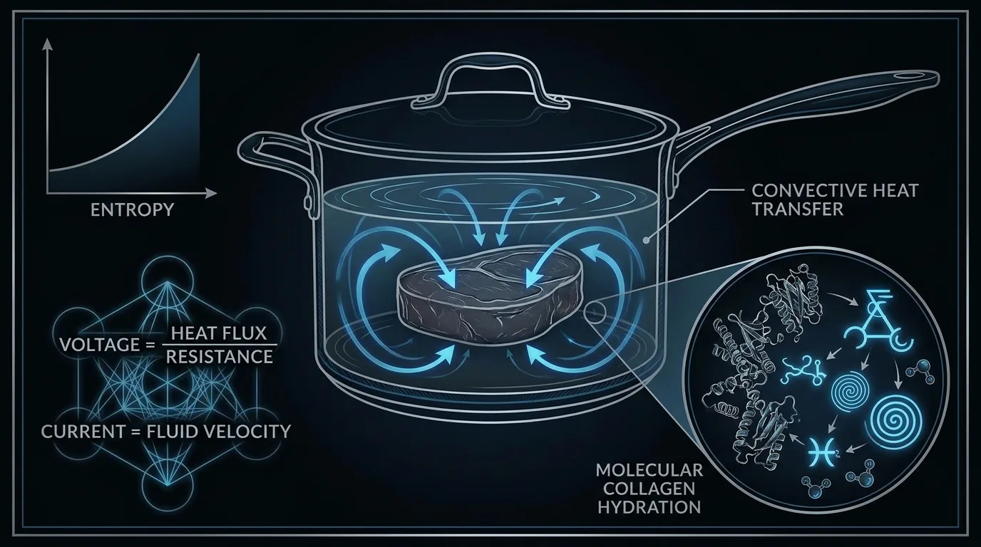 Scientific diagram of braising: slow convective heat circulating through a sealed vessel, with collagen hydrolysis shown as glowing cyan alchemical symbols.