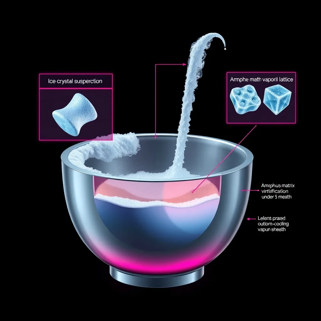 Scientific diagram of cryogenic vitrification (The Vitreous Arrest): an inverted heat-extraction circuit driving liquid nitrogen to flash-freeze a substrate, with ice-crystal suppression and a Leidenfrost vapor sheath rendered as glowing electric magenta and cyan plasma alchemical symbols on an obsidian field.