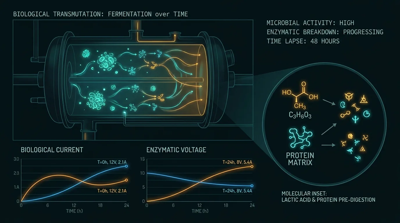Scientific diagram of fermentation: microbial activity and enzymatic breakdown over time, with lactic acid production and protein pre-digestion shown as glowing alchemical symbols.