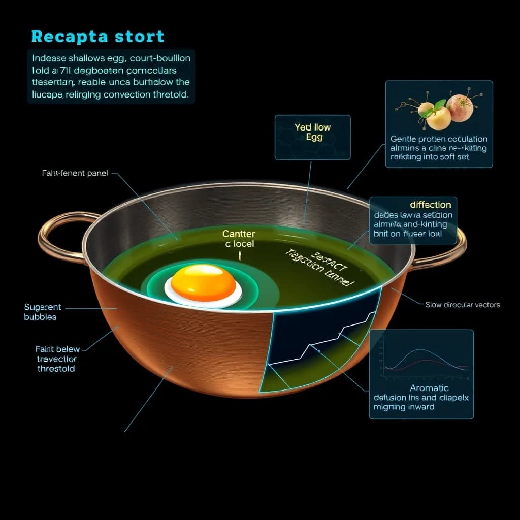 Scientific diagram of poaching as tender suspension: an organic matrix cradled in a sub-boil bath with laminar whisper convection coaxing structure into place, gentle protein coagulation and diffusion-pace court-bouillon infusion rendered as glowing aqueous blue and teal alchemical symbols on an obsidian field.