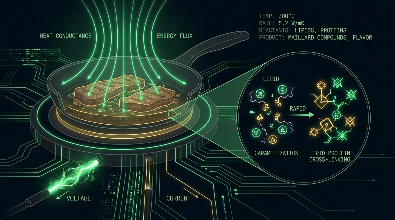 Scientific diagram of sautéing: intense conductive contact heat transmitted through a thin lipid film, with rapid tossing vectors, evaporation plumes, and caramelization thresholds annotated in glowing emerald and cyan.