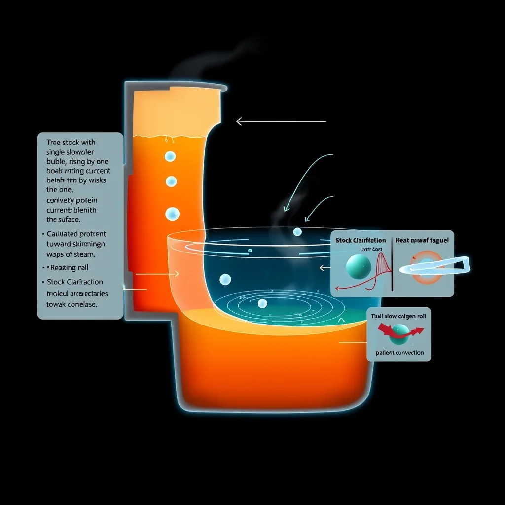 Scientific diagram of simmering, the patient convection: a medium held at the sub-boil threshold with single bubbles rising in slow convection loops, extraction proceeding without destruction, protein rafting toward clarity and slow collagen-to-gelatin conversion rendered as glowing aqueous blue and teal alchemical symbols on an obsidian field.
