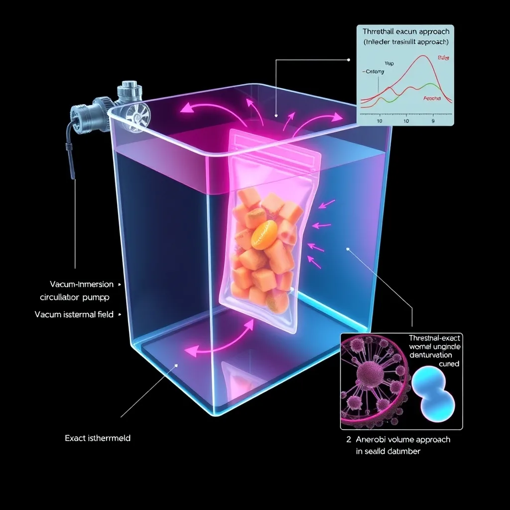 Scientific diagram of sous vide as hermetic equilibrium: a vacuum-sealed organic matrix held at an exact isothermal setpoint with its thermal gradient abolished, threshold-exact protein denaturation and anaerobic volatile conservation rendered as glowing electric magenta and cyan plasma alchemical symbols on an obsidian field.
