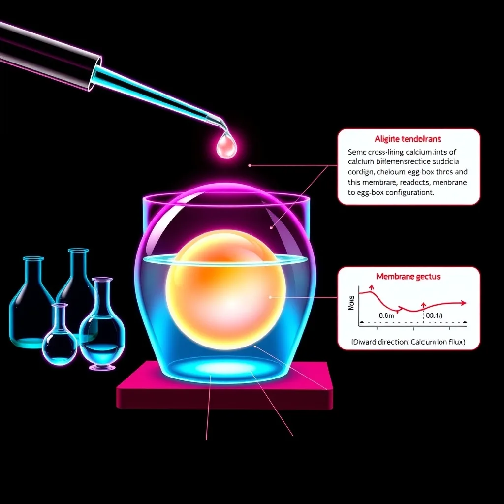 Scientific diagram of spherification as ionic encapsulation: a forever-liquid core sealed within a self-assembling gel reliquary, with divalent calcium cross-linking alginate into the egg-box configuration and a semi-permeable membrane thickening from the boundary inward, rendered as glowing electric magenta and cyan plasma alchemical symbols on an obsidian field.