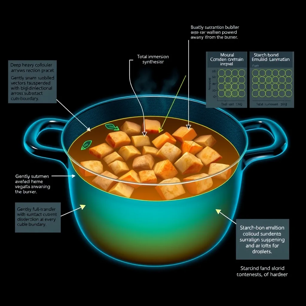 Scientific diagram of stewing as the Unified Dissolution: fully submerged matter and its enveloping medium converging into a single body through total immersion, with mutual saturation equilibrium and a starch-bound colloidal emulsion rendered as glowing aqueous blue and teal alchemical symbols on an obsidian field.
