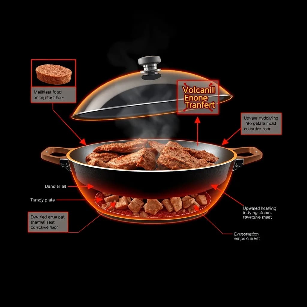 Scientific diagram of the Tilt Skillet as the Foundry Plate: a broad steel floor cycling from distributed conductive sear to covered convective braise, with Maillard fond development and collagen-to-gelatin hydrolysis rendered as glowing volcanic orange and deep charcoal alchemical symbols on an obsidian field.